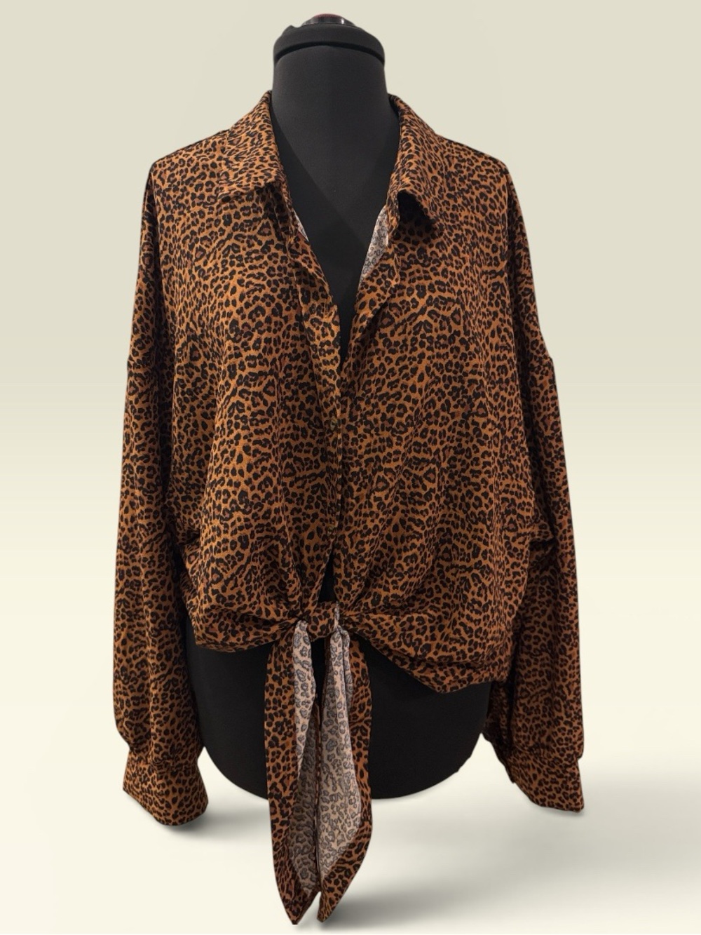 SHEIN CURVE Brown Leopard Print Tie-Front Button Down Shirt - Picture 1 of 7